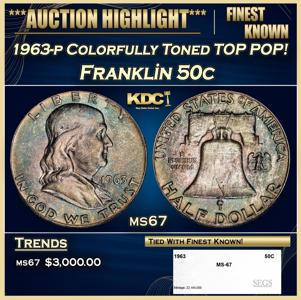 1963-p Franklin Half Dollar Colorfully Toned TOP POP! 50c ms67 SEGS (1 of 4)