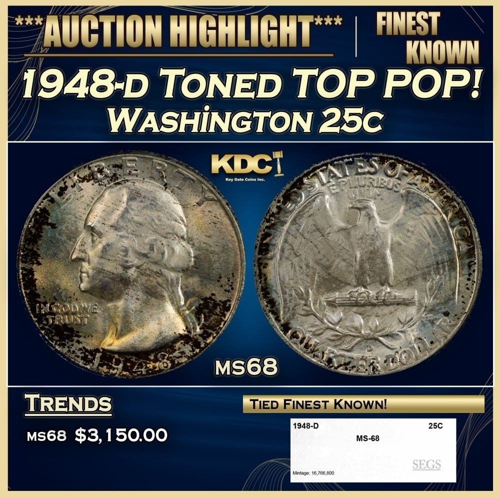 1948-d Washington Quarter Toned TOP POP! 25c ms68 SEGS: 1948-d Toned TOP POP! Washington Quarter 25c ms68 SEGS. 0