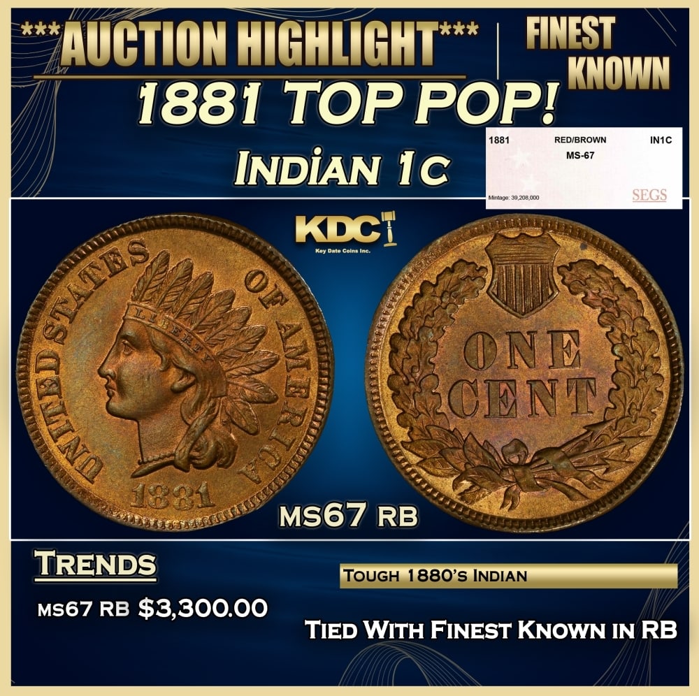 1881 Indian Cent TOP POP! 1c ms67 rb SEGS: 1881 TOP POP! Indian Cent 1c ms67 rb SEGS. 0