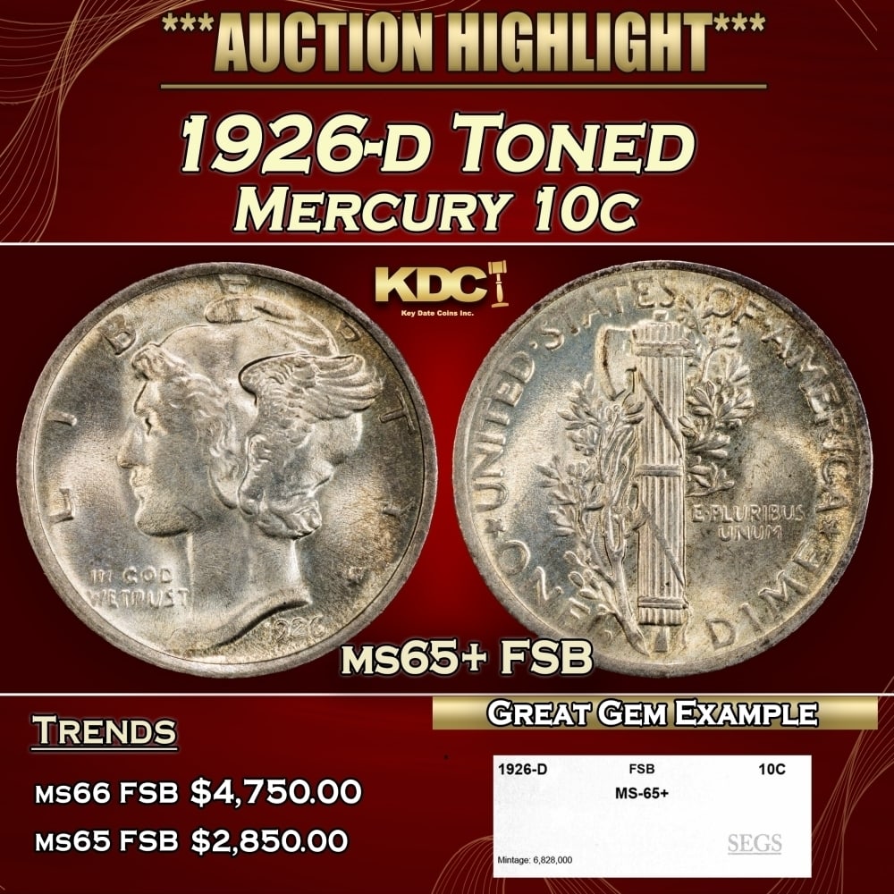 1926-d Mercury Dime Toned 10c ms65+ FSB SEGS: 1926-d Toned Mercury Dime 10c ms65+ FSB SEGS. 0