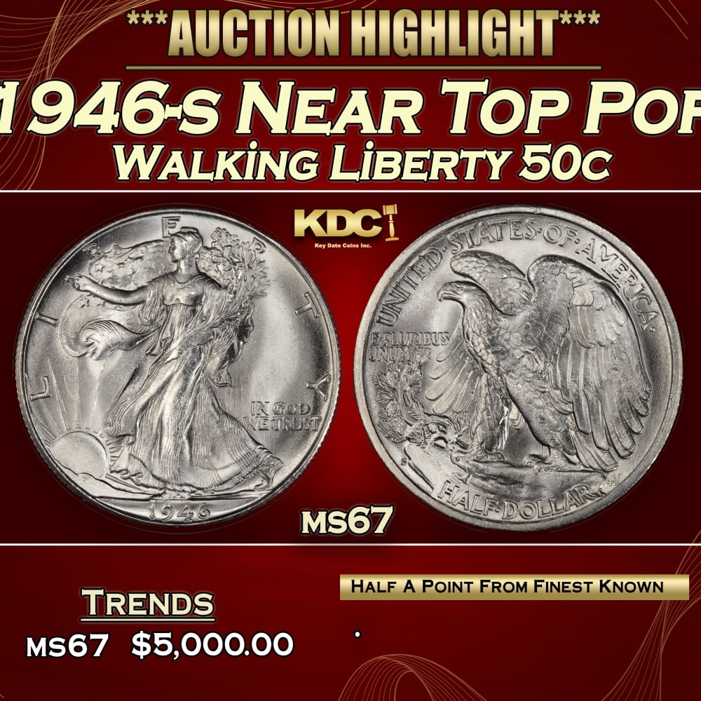 1946-s Walking Liberty Half Dollar Near Top Pop 50c ms67 SEGS: 1946-s Near Top Pop Walking Liberty Half Dollar 50c ms67 SEGS.