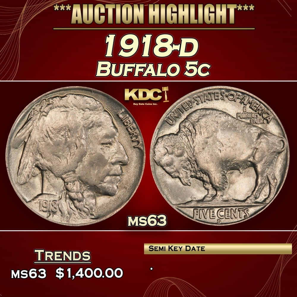 1918-d Buffalo Nickel 5c ms63 USCG: 1918-d Buffalo Nickel 5c ms63 USCG.