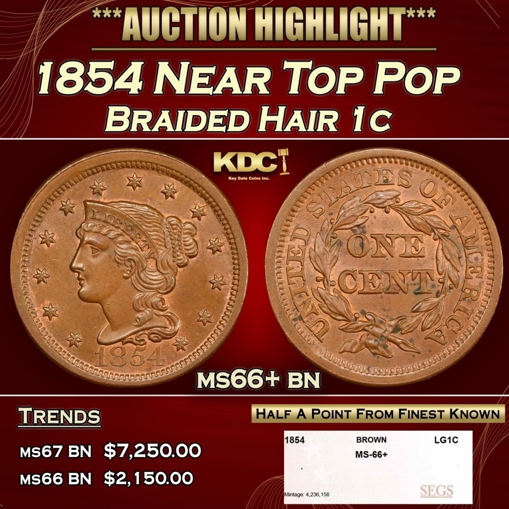 1854 Braided Hair Large Cent Near Top Pop 1c ms66+ bn SEGS: 1854 Near Top Pop Braided Hair Large Cent 1c ms66+ bn SEGS. 0