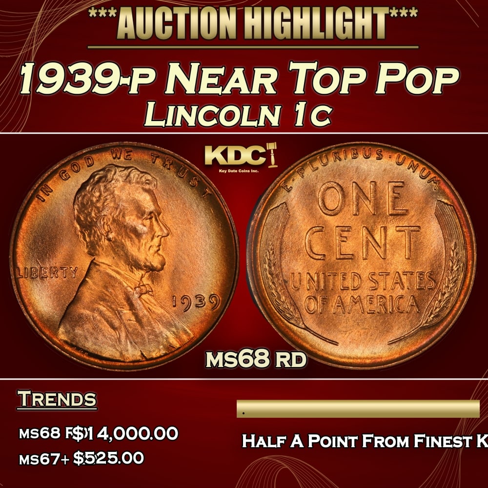 1939-p Lincoln Cent Near Top Pop 1c ms68 rd SEGS: 1939-p Near Top Pop Lincoln Cent 1c ms68 rd SEGS. 0