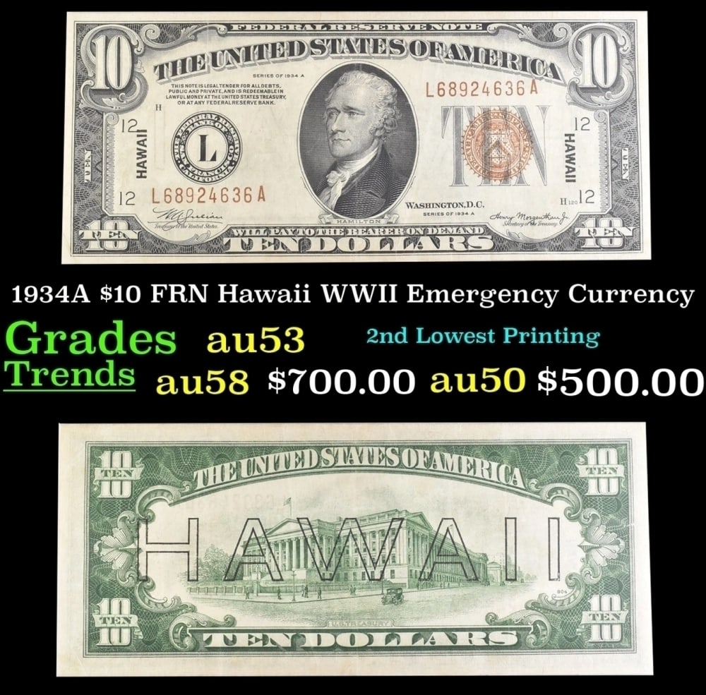 1934A $10 FRN Hawaii WWII Emergency Currency Grades Select AU: 1934A $10 FRN Hawaii WWII Emergency Currency Grades Select AU.
