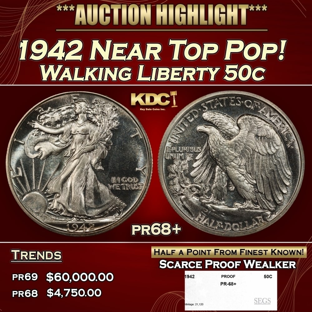 1942 Proof Walking Liberty Half Dollar Near Top Pop! 50c pr68+ SEGS: 1942 Near Top Pop! Walking Liberty Half Dollar 50c pr68+ SEGS. 0