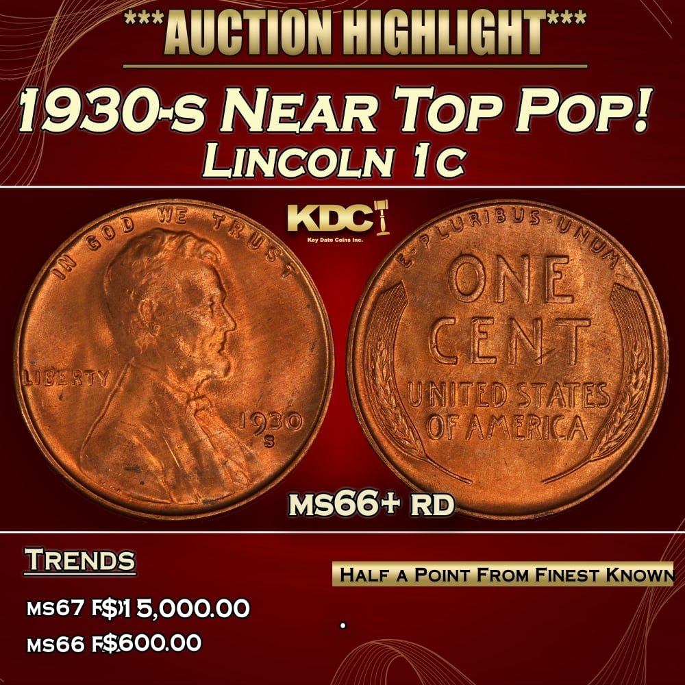 1930-s Lincoln Cent Near Top Pop! 1c ms66+ rd SEGS: 1930-s Near Top Pop! Lincoln Cent 1c ms66+ rd SEGS. 0