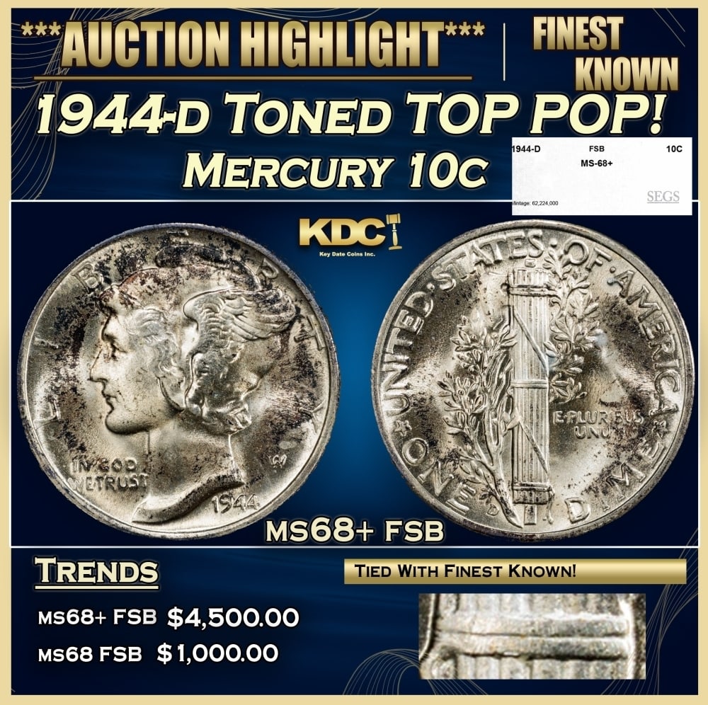 1944-d Mercury Dime Toned TOP POP! 10c ms68+ fsb SEGS: 1944-d Toned TOP POP! Mercury Dime 10c ms68+ fsb SEGS. 0