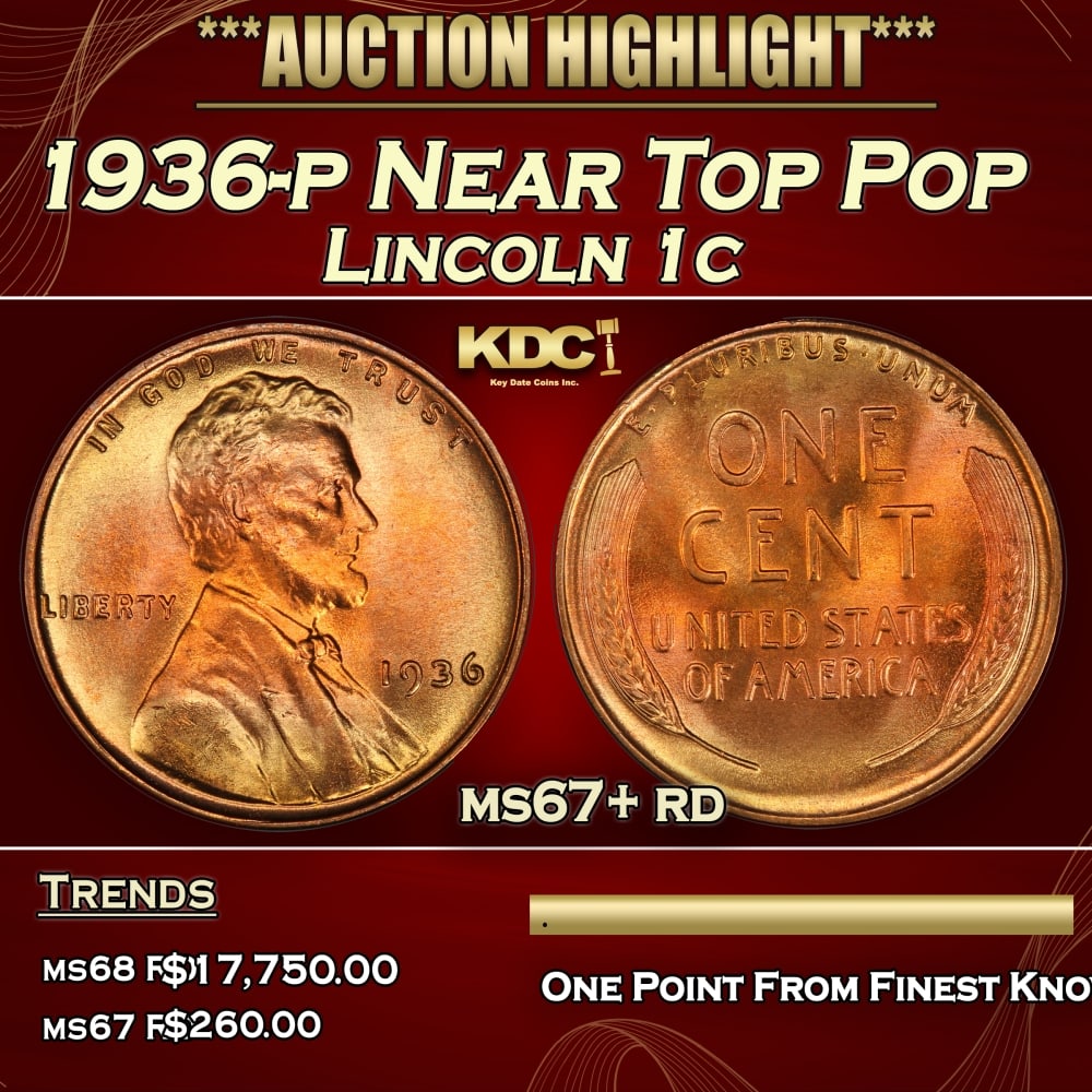 1936-p Lincoln Cent Near Top Pop 1c ms67+ rd SEGS: 1936-p Near Top Pop Lincoln Cent 1c ms67+ rd SEGS. 0
