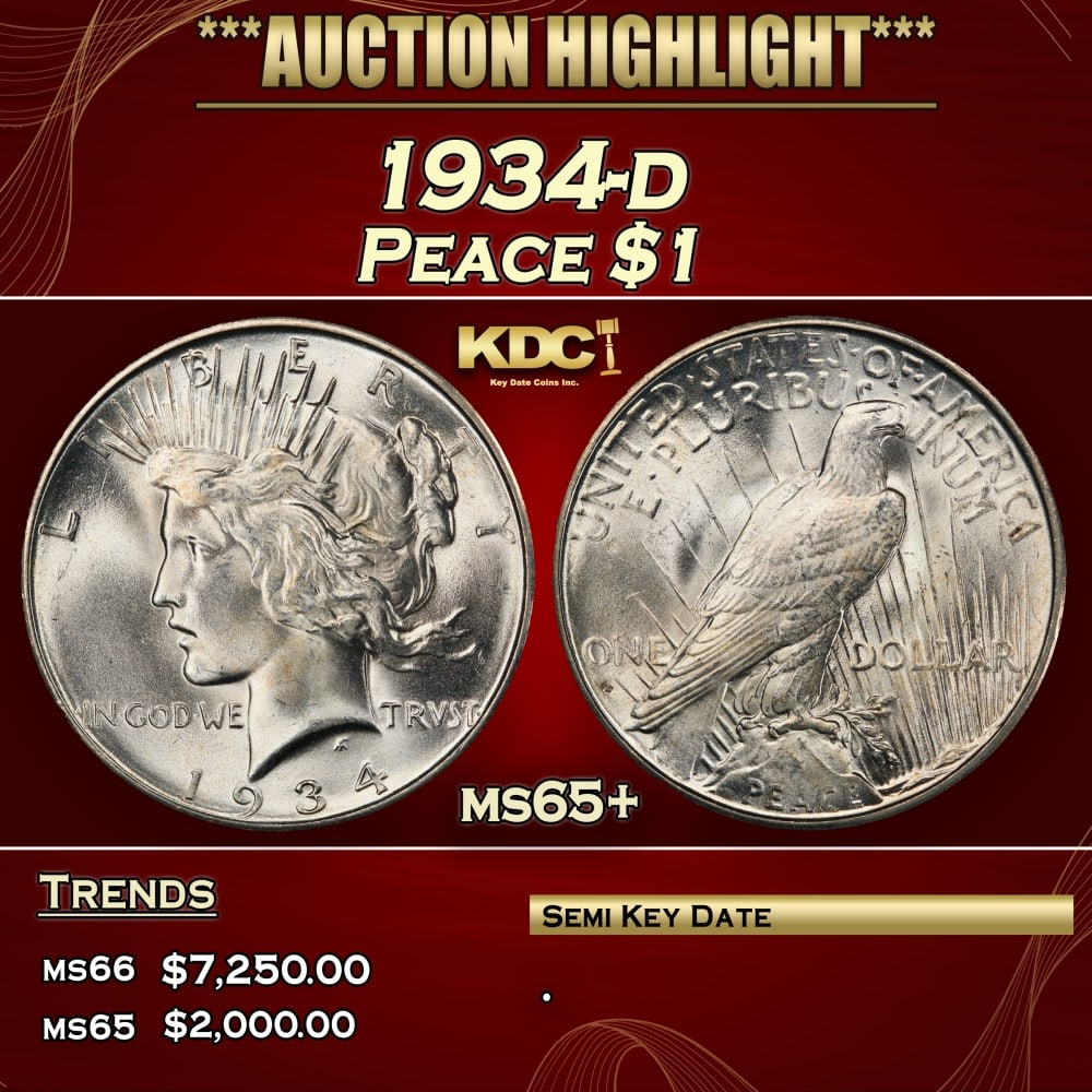 1934-d Peace Dollar $1 ms65+ SEGS: 1934-d Peace Dollar $1 ms65+ SEGS. 0