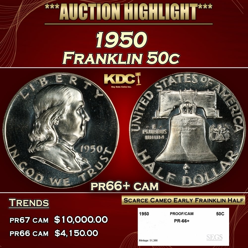 1950 Proof Franklin Half Dollar 50c pr66+ cam SEGS: 1950 Franklin Half Dollar 50c pr66+ cam SEGS. 0