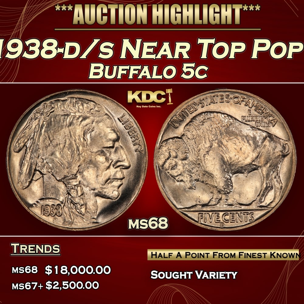1938-d/s Buffalo Nickel Near Top Pop 5c ms68 SEGS: 1938-d/s Near Top Pop Buffalo Nickel 5c ms68 SEGS.