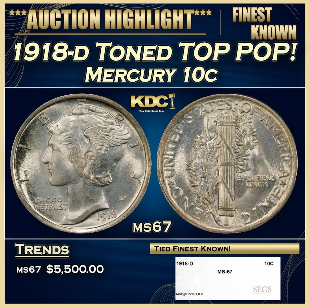 1918-d Mercury Dime Toned TOP POP! 10c ms67 SEGS (1 of 4)