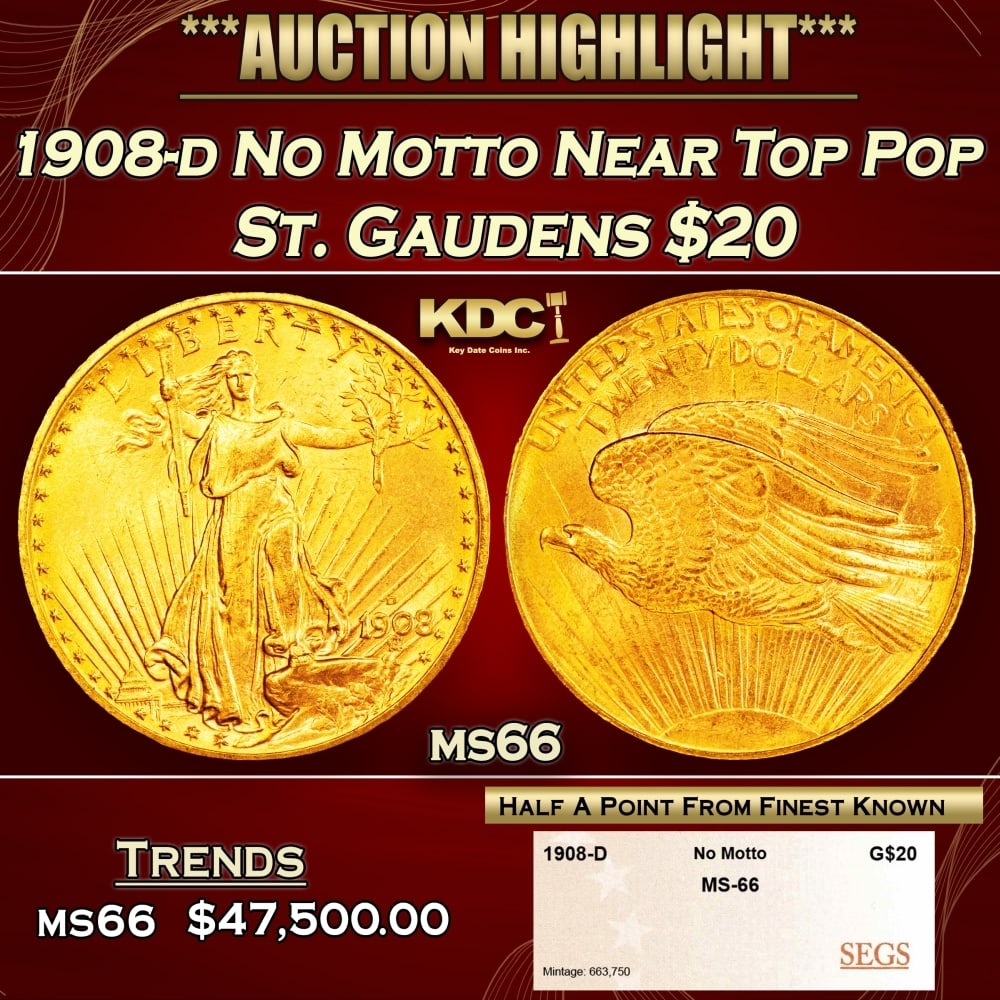 1908-d No Motto Gold St. Gaudens Double Eagle Near Top Pop $20 ms66 SEGS: 1908-d No Motto Near Top Pop Gold St. Gaudens Double Eagle $20 ms66 SEGS. 0