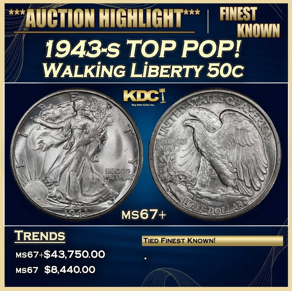 1943-s Walking Liberty Half Dollar TOP POP! 50c ms67+ SEGS: 1943-s TOP POP! Walking Liberty Half Dollar 50c ms67+ SEGS. 0
