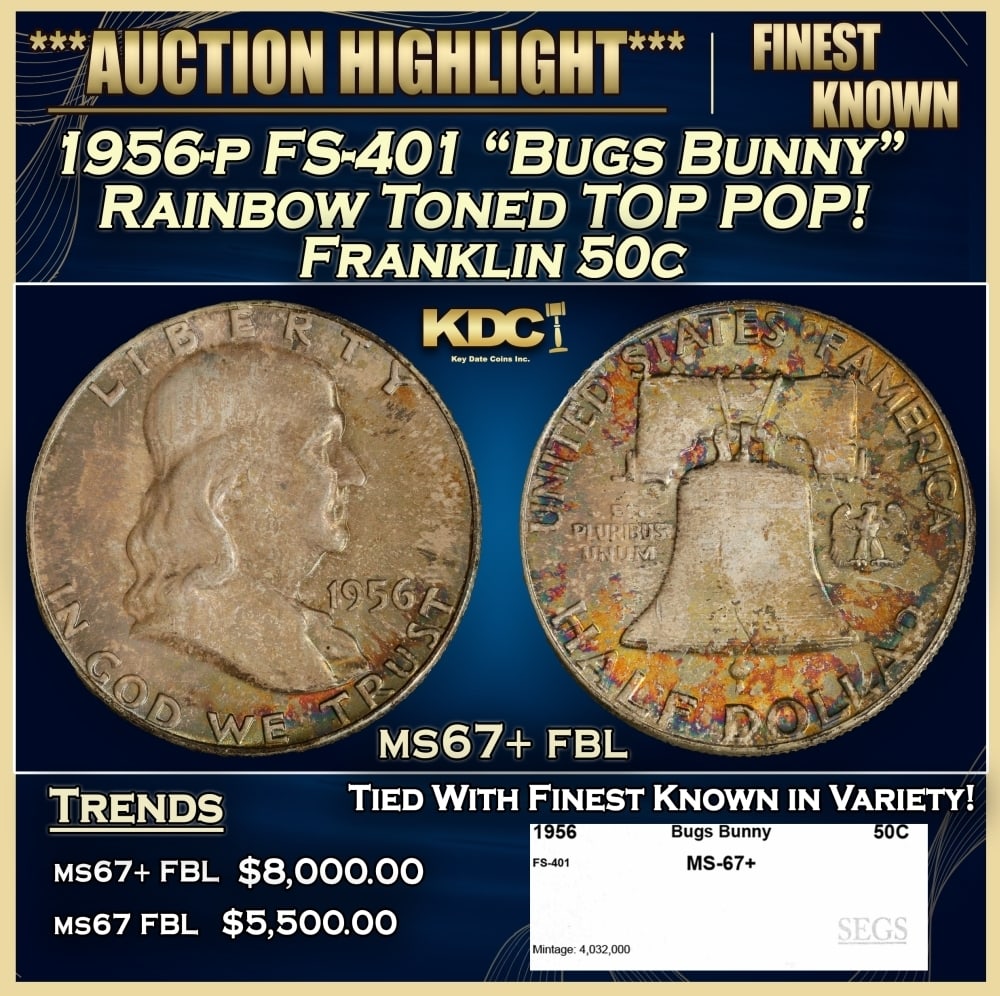 1956-p FS-401 "Bugs Bunny" Franklin Half Dollar Rainbow Toned TOP POP! 50c ms67+ fbl SEGS: 1956-p FS-401 "Bugs Bunny" Rainbow Toned TOP POP! Franklin Half Dollar 50c ms67+ fbl SEGS. 0