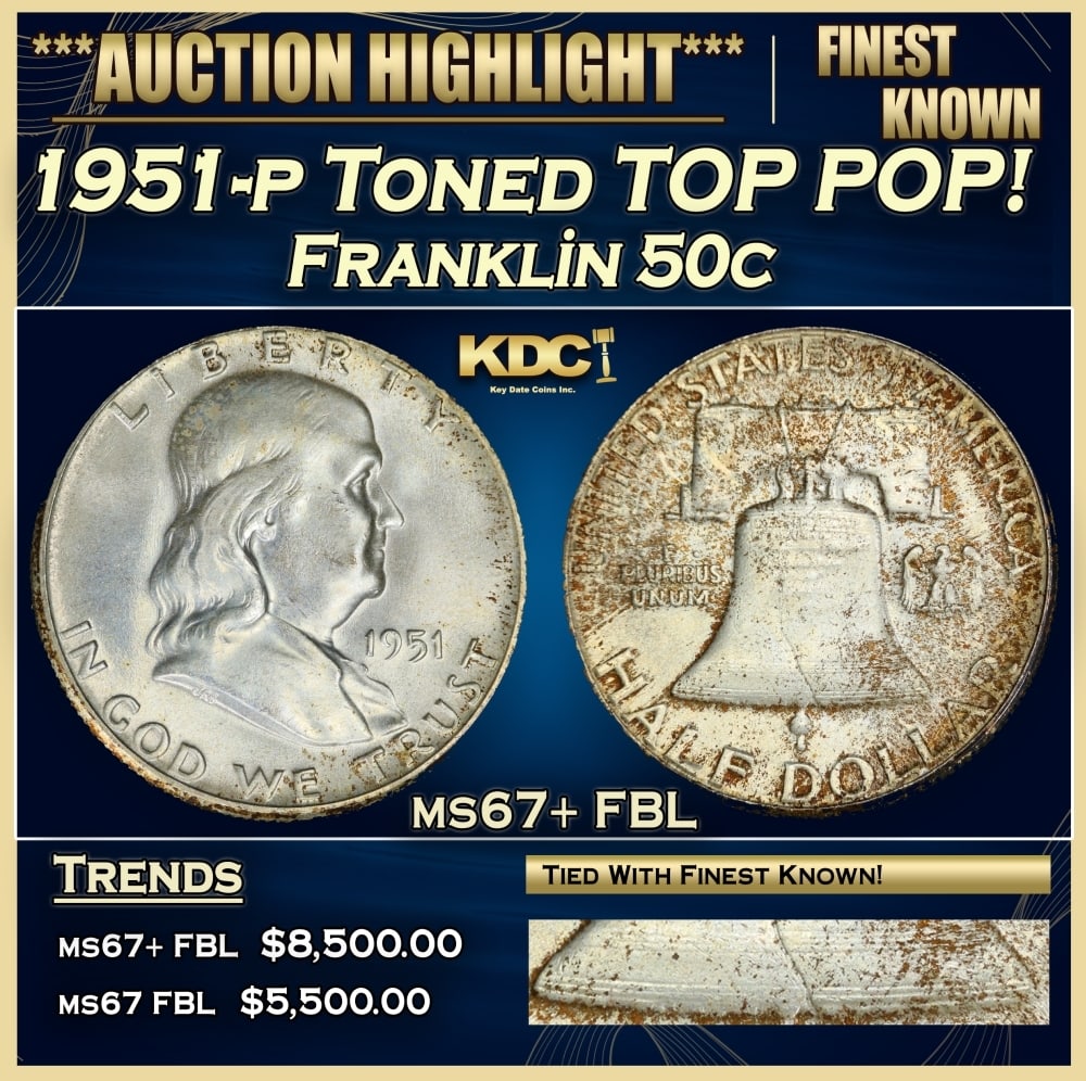 1951-p Franklin Half Dollar Toned TOP POP! 50c ms67+ FBL USCG: 1951-p Toned TOP POP! Franklin Half Dollar 50c ms67+ FBL USCG. 0
