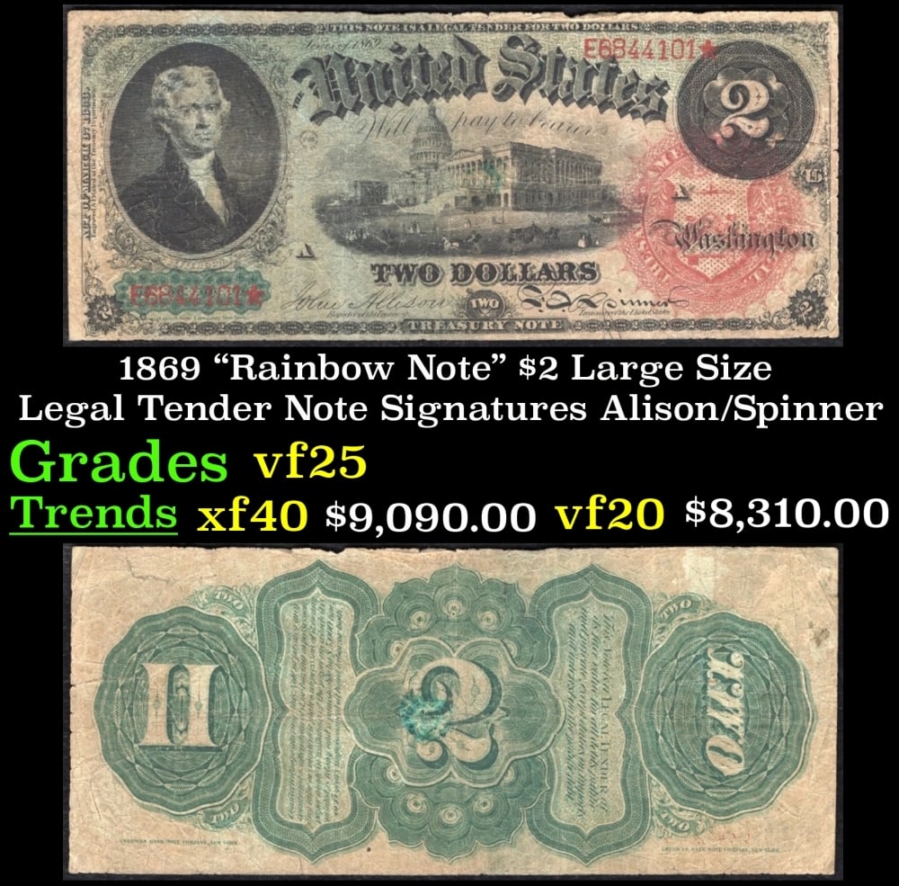 1869 Alison/Spinner $2 Large Size Legal Tender Note Grades vf+: 1869 Alison/Spinner $2 Large Size Legal Tender Note Grades vf+.