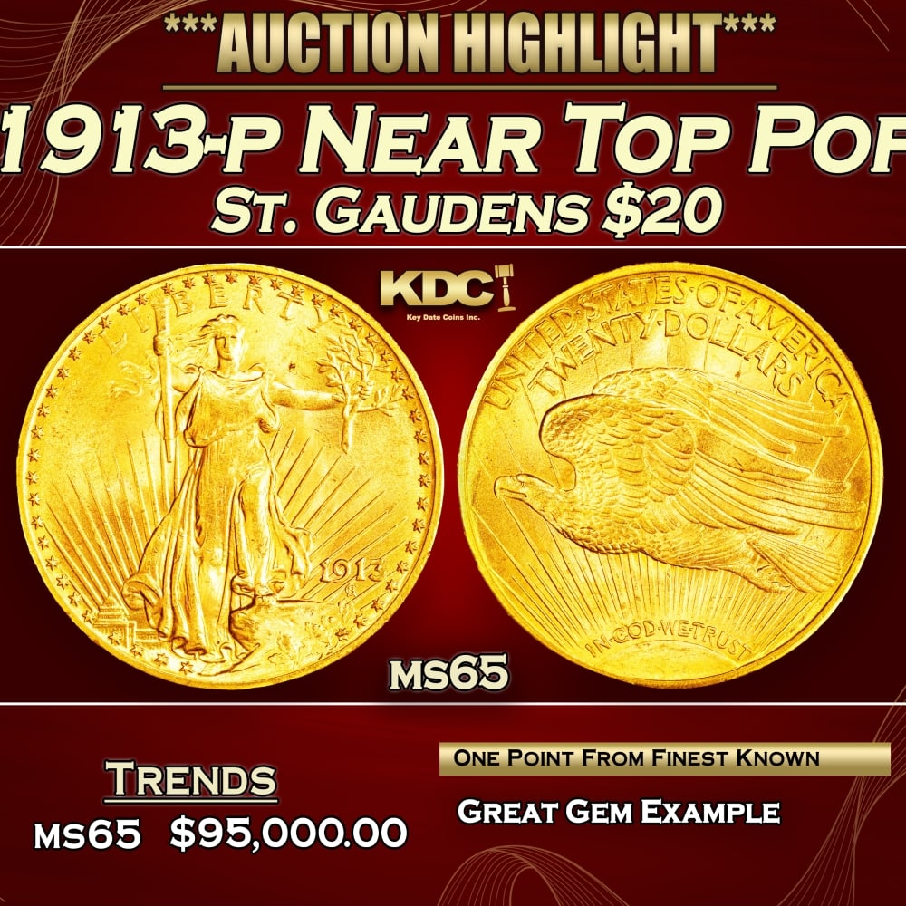 1913-p Gold St. Gaudens Double Eagle Near Top Pop $20 ms65 SEGS: 1913-p Near Top Pop Gold St. Gaudens Double Eagle $20 ms65 SEGS. 0