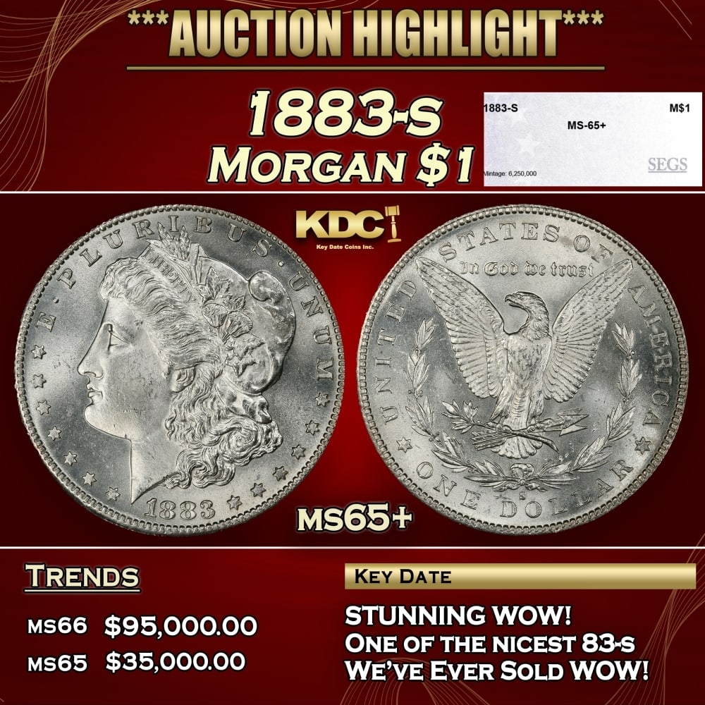 1883-s Morgan Dollar $1 ms65+ SEGS: 1883-s Morgan Dollar $1 ms65+ SEGS. 0