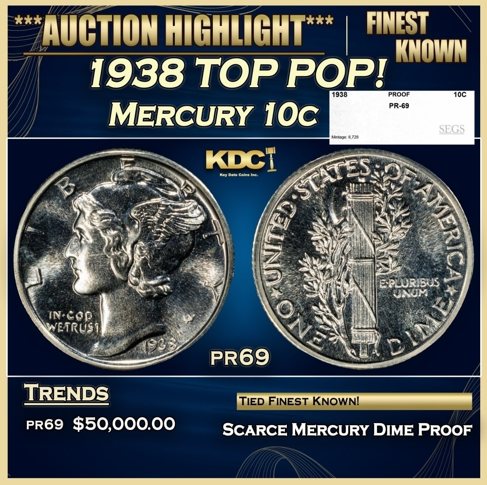 1938 Proof Mercury Dime TOP POP! 10c pr69 SEGS: 1938 TOP POP! Mercury Dime 10c pr69 SEGS. 0