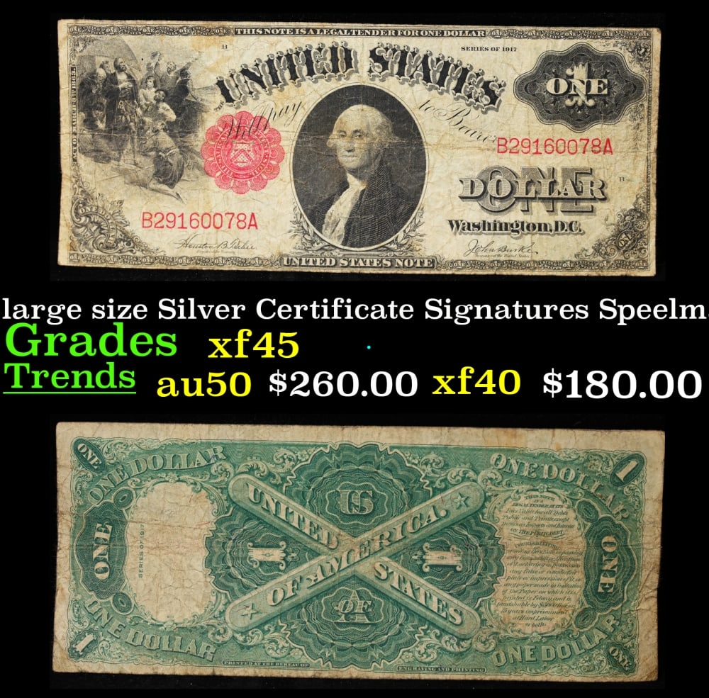 1917 $1 Large Size Legal Tender Note Grades f+ Signatures Teehee/Burke: 1917 $1 Large Size Legal Tender Note Grades f+ Signatures Teehee/Burke. FR-36 This 1917 $1 note is the last large-sized legal tender bank note ever issued. It's referred to as a "Horseblanket Note,"