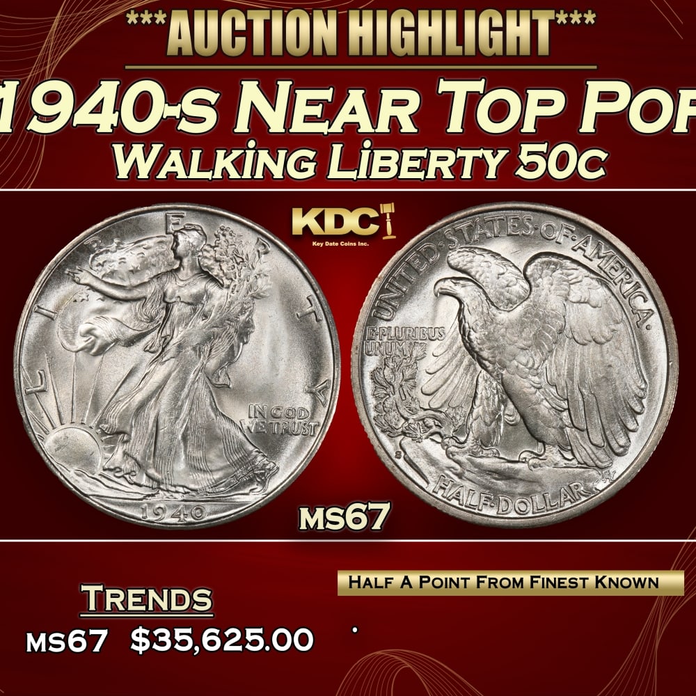 1940-s Walking Liberty Half Dollar Near Top Pop 50c ms67 SEGS: 1940-s Near Top Pop Walking Liberty Half Dollar 50c ms67 SEGS. 0