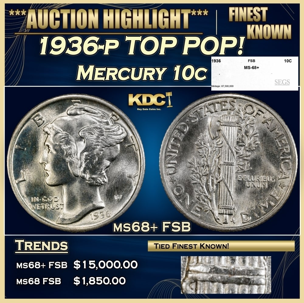 1936-p Mercury Dime TOP POP! 10c ms68+ FSB SEGS: 1936-p TOP POP! Mercury Dime 10c ms68+ FSB SEGS. 0