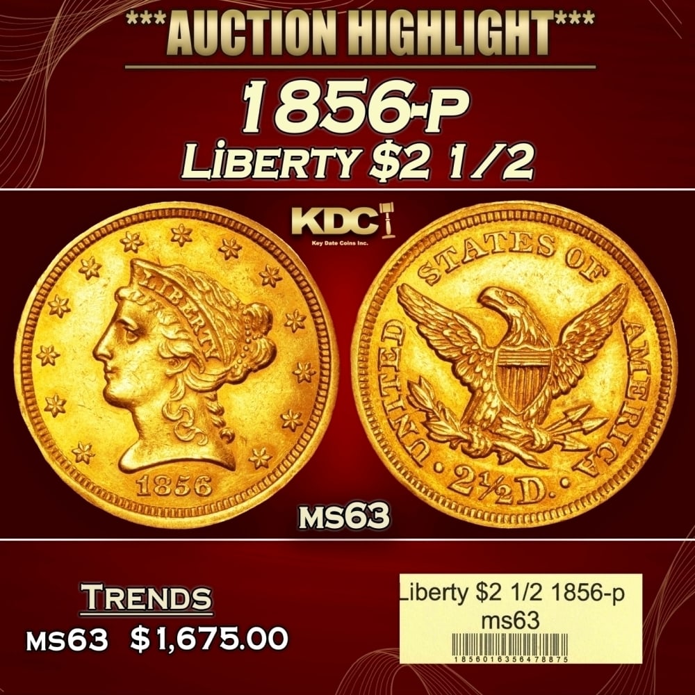 1856-p Gold Liberty Quarter Eagle $2 1/2 ms63 USCG: 1856-p Gold Liberty Quarter Eagle $2 1/2 ms63 USCG. 0