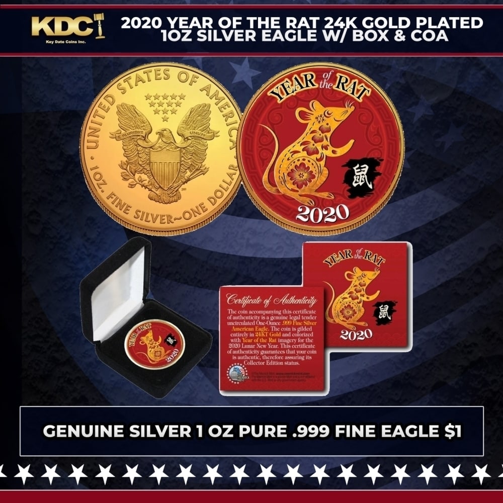 2020 Year of The Rat 24K Gold Plated 1oz Silver Eagle w/ Box & COA Other Toy: 2020 Year of The Rat 24K Gold Plated 1oz Silver Eagle w/ Box & COA. This is your chance to own a .999 Fine Silver Eagle $1 coin, beautifully enhanced with Polychromatic artwork from the Chinese Zodiac