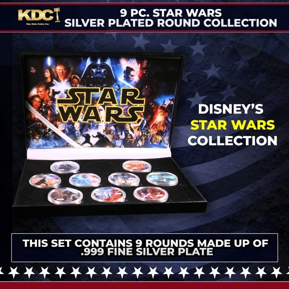 9 Coin Star Wars Silver Plated Round Collection: 9 Coin Star Wars Silver Plated Round Collection. 10 OZ .999 Fine Silver Set General Motors Collection. This set contains ten 1 oz rounds of .999 Fine Silver from The General Motors Collection.You will