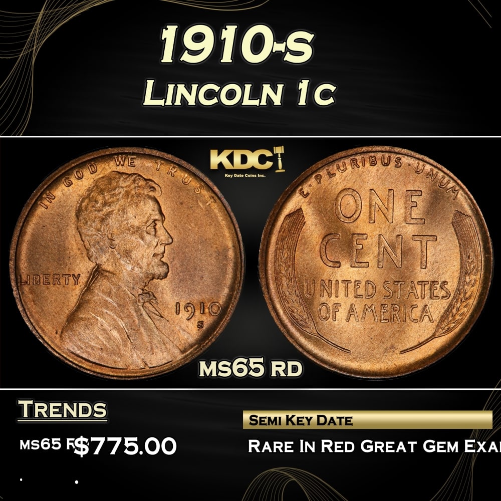 1910-s Lincoln Cent 1c Grades ms65 rd: 1910-s Lincoln Cent 1c Grades ms65 rd. Semi Key Date. Per David Hall of PCGS "The 1910-s has long been considered a semi-key date in circulated grades" 0