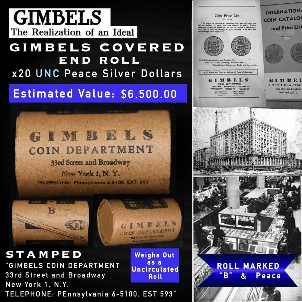 20 Coin Peace Silver Dollar GIMBLES Roll Unc B: 20 Coin Peace Silver Dollar GIMBLES Roll Unc B. Up For Auction is a 144- 20 Coin Peace Silver Dollar GIMBLES Roll Unc B Roll Weighing 537.5 g Based On this weight this is a UNC Roll We are very excite