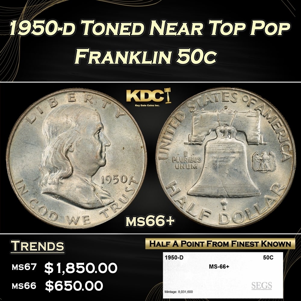1950-d Franklin Half Dollar Toned Near Top Pop 50c ms66+ SEGS: 1950-d Toned Near Top Pop Franklin Half Dollar 50c ms66+ SEGS. 0