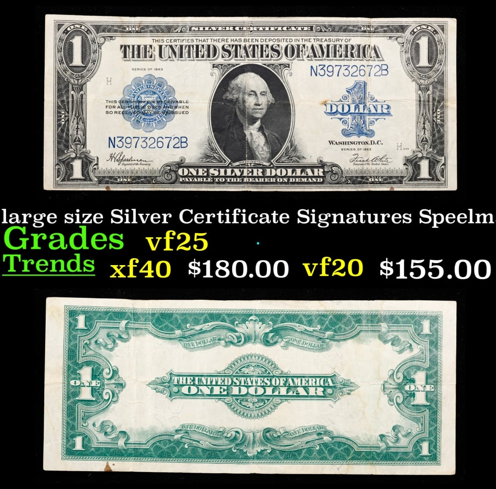 1923 $1 large size Silver Certificate Grades xf Signatures Speelman/White: 1923 $1 large size Silver Certificate Grades xf Signatures Speelman/White. Fr-237 The term “horse blanket” gets used a lot when talking about large size currency. It is most frequently used to