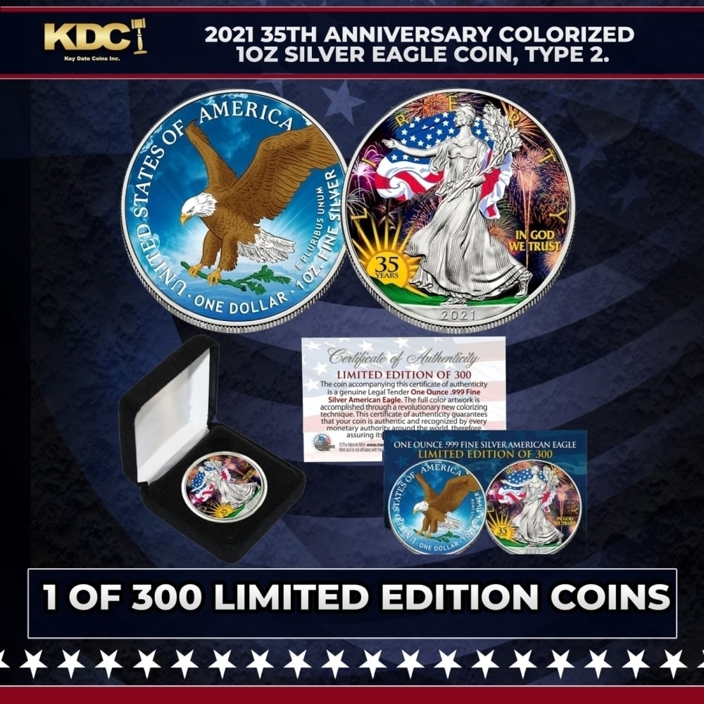 2021 35th Anniversary Colorized Limited Editon 1oz Silver Eagle Coin, Limited to 300. Type 2. Other: 2021 35th Anniversary Colorized Limited Editon 1oz Silver Eagle Coin, Limited to 300. Type 2.. This stunning 2021 1 oz Silver American Eagle features a vibrant colorized background on the obverse and 