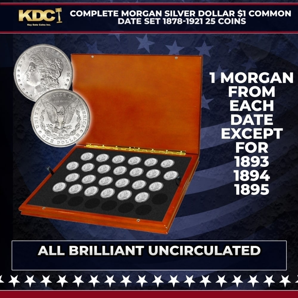 Complete Morgan Silver Dollar $1 Common Date Set 1878-1921 Uncirculated 25 Coins: Complete Morgan Silver Dollar $1 Common Date Set 1878-1921 Uncirculated 25 Coins. The Morgan dollar was a United States dollar coin minted from 1878 to 1904, in 1921. It was the first standard silver 