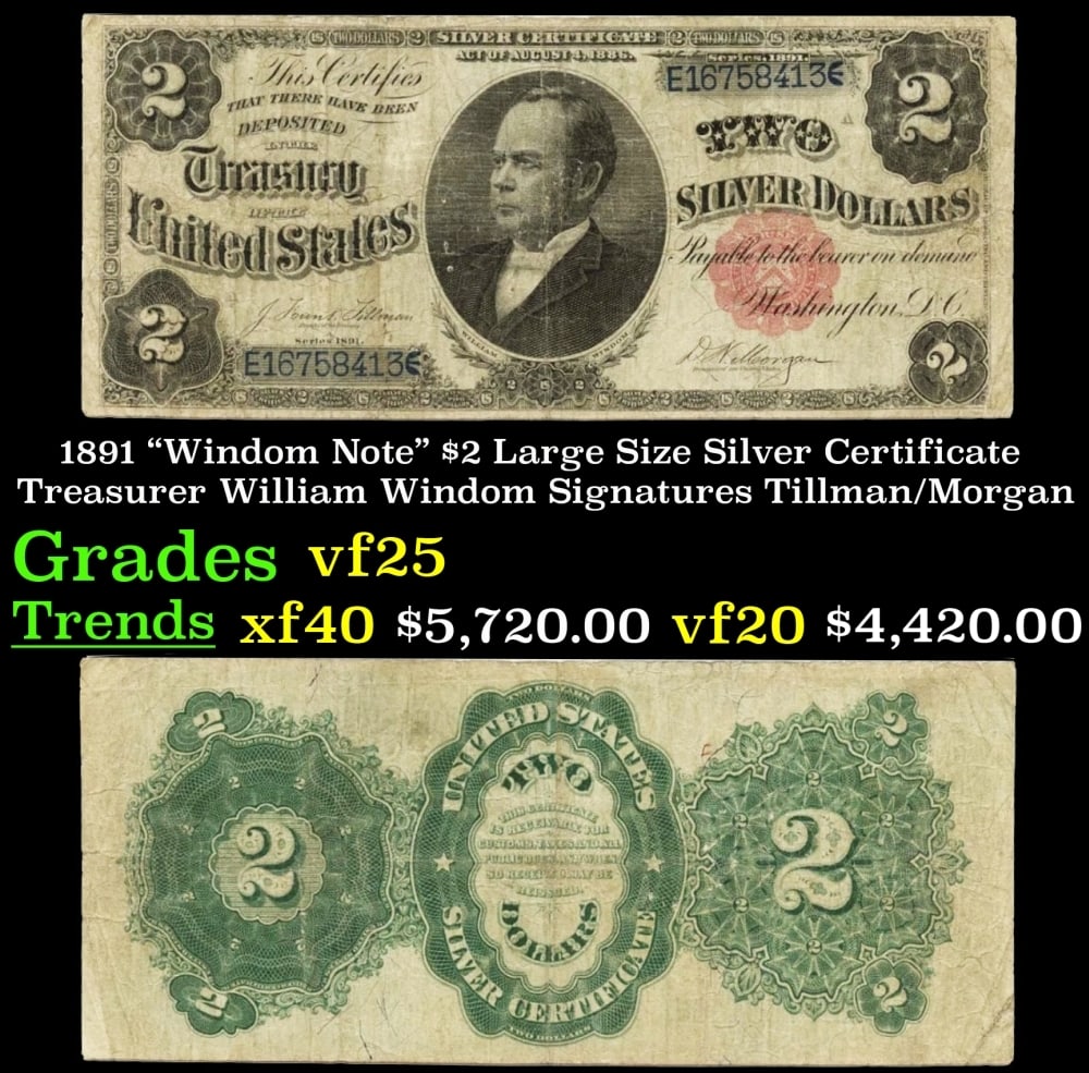 1891 Tillman/Morgan $2 Large Size Silver Certificate Grades vf+: 1891 Tillman/Morgan $2 Large Size Silver Certificate Grades vf+.