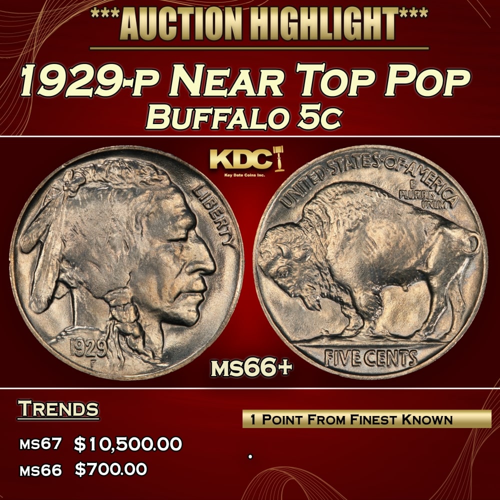 1929-p Buffalo Nickel Near Top Pop 5c ms66+ SEGS: 1929-p Near Top Pop Buffalo Nickel 5c ms66+ SEGS. 0