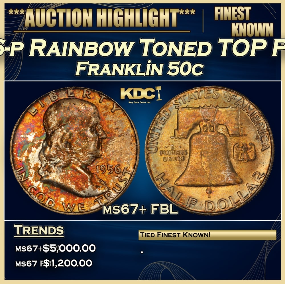1956-p Franklin Half Dollar Rainbow Toned TOP POP! 50c ms67+ FBL SEGS: 1956-p Rainbow Toned TOP POP! Franklin Half Dollar 50c ms67+ FBL SEGS. 0
