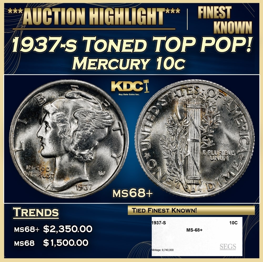 1937-s Mercury Dime Toned TOP POP! 10c ms68+ SEGS: 1937-s Toned TOP POP! Mercury Dime 10c ms68+ SEGS. 0