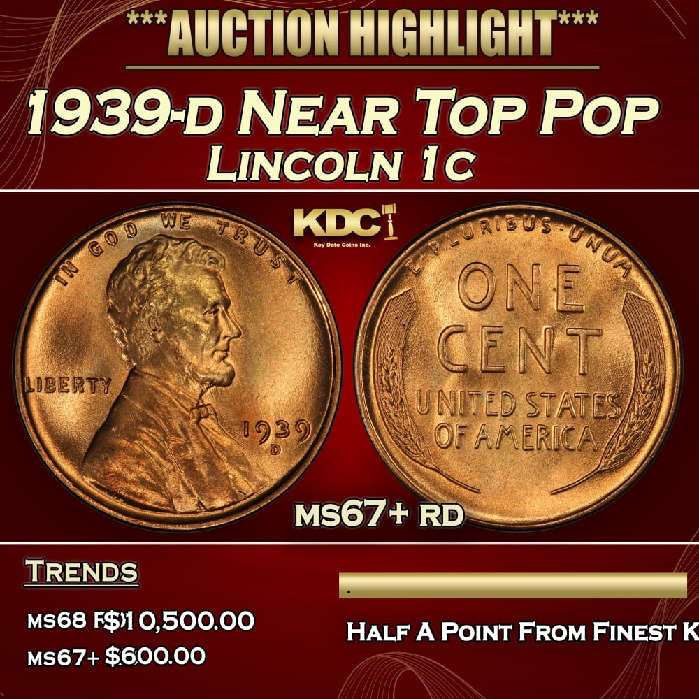 1939-d Lincoln Cent Near Top Pop 1c ms67+ rd SEGS: 1939-d Near Top Pop Lincoln Cent 1c ms67+ rd SEGS. 0