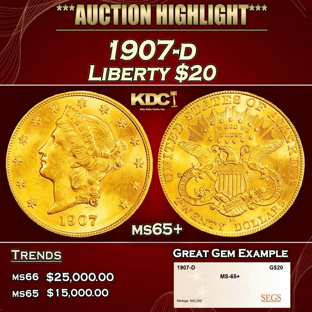 1907-d Gold Liberty Double Eagle $20 ms65+ SEGS: 1907-d Gold Liberty Double Eagle $20 ms65+ SEGS. 0