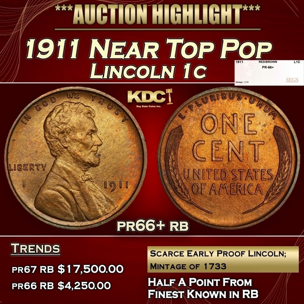 1911 Proof Lincoln Cent Near Top Pop 1c pr66+ rb SEGS: 1911 Near Top Pop Lincoln Cent 1c pr66+ rb SEGS. 0