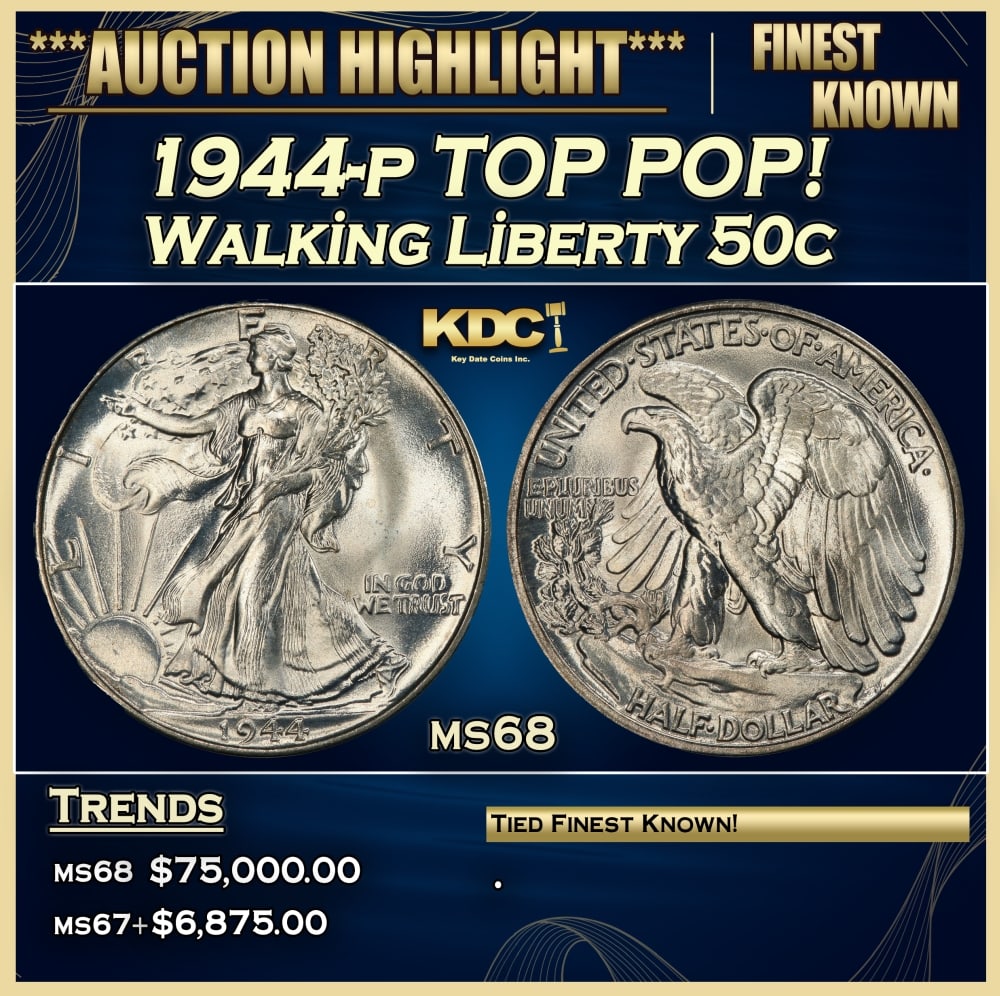 1944-p Walking Liberty Half Dollar TOP POP! 50c ms68 SEGS: 1944-p TOP POP! Walking Liberty Half Dollar 50c ms68 SEGS.