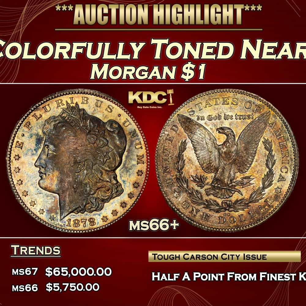 1878-cc Morgan Dollar Colorfully Toned Near Top Pop $1 ms66+ SEGS: 1878-cc Colorfully Toned Near Top Pop Morgan Dollar $1 ms66+ SEGS. 0