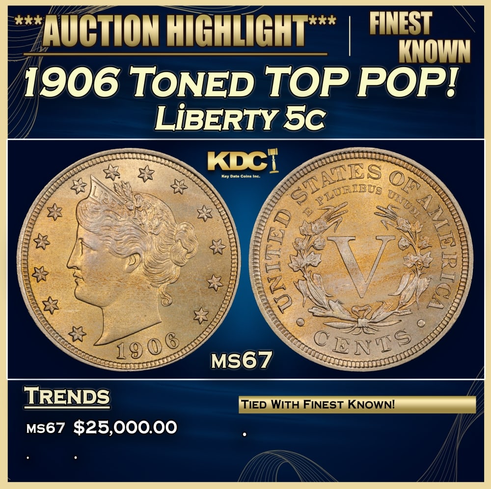 1906 Liberty Nickel Toned TOP POP! 5c ms67 SEGS: 1906 Toned TOP POP! Liberty Nickel 5c ms67 SEGS. 0