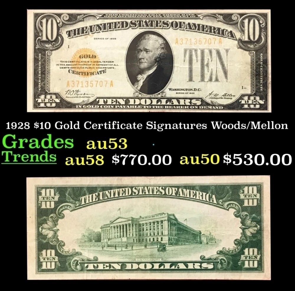 1928 $10 Gold Certificate Grades Select AU: 1928 $10 Gold Certificate Grades Select AU.