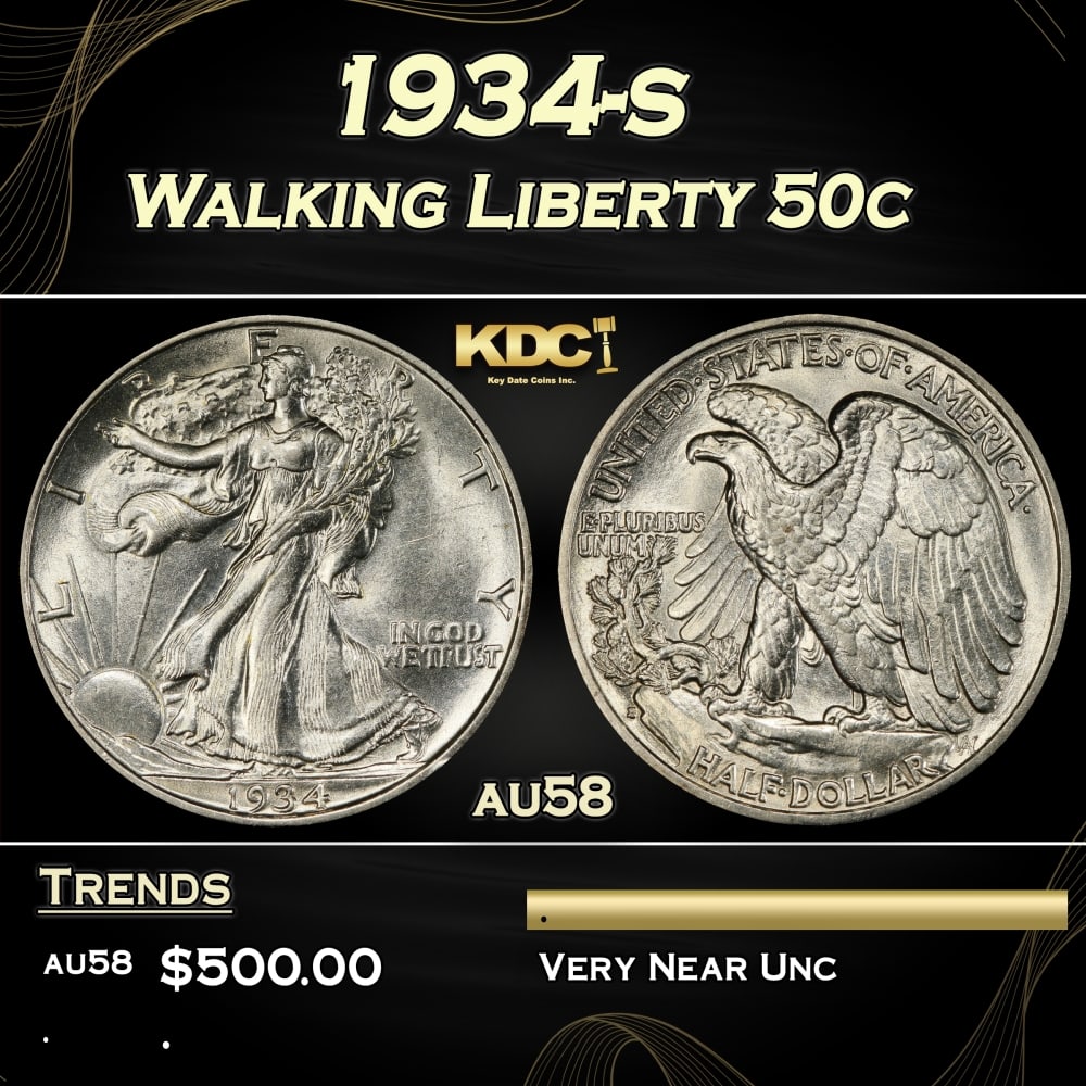 1934-s Walking Liberty Half Dollar 50c Grades au58: 1934-s Walking Liberty Half Dollar 50c Grades au58.