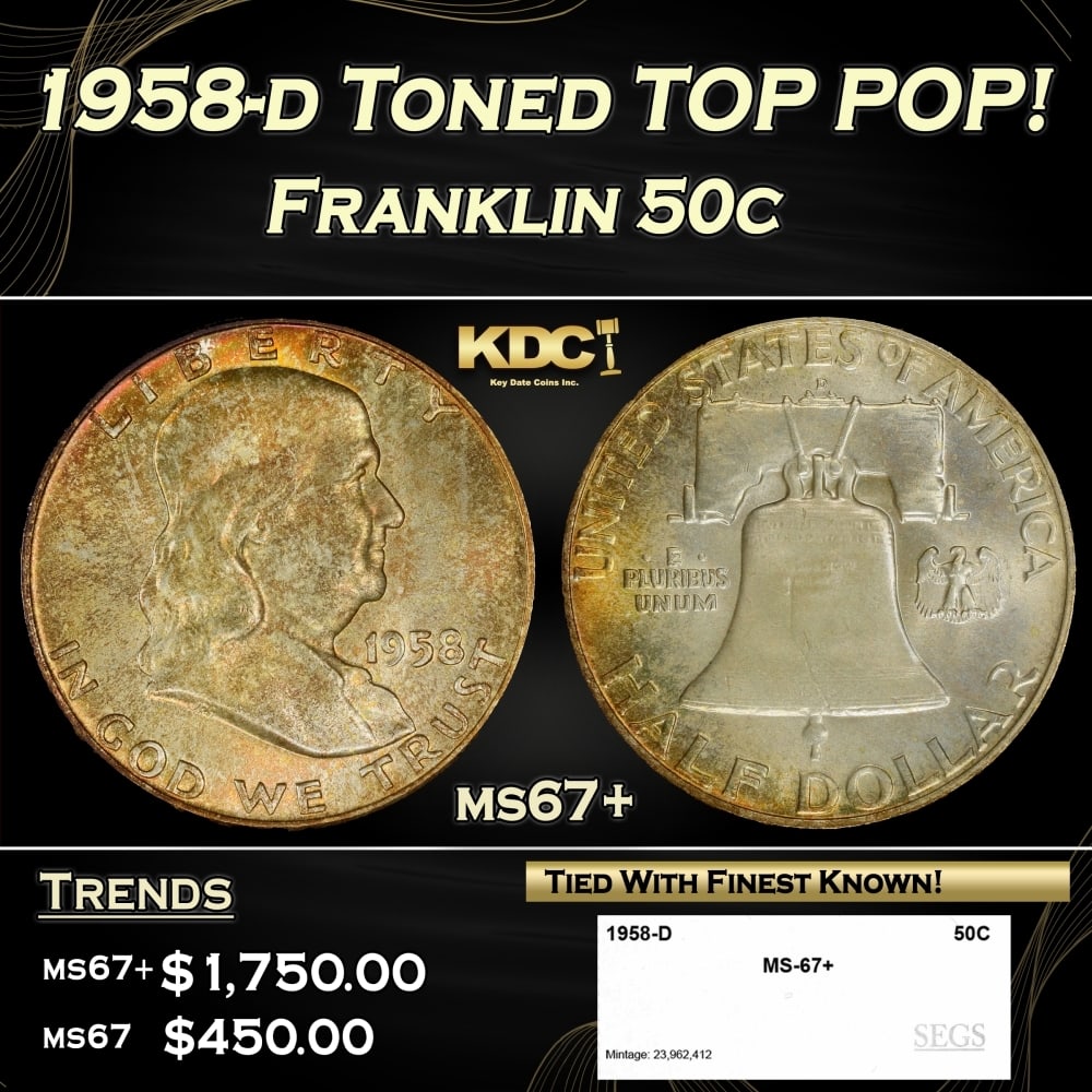 1958-d Franklin Half Dollar Toned TOP POP! 50c ms67+ SEGS: 1958-d Toned TOP POP! Franklin Half Dollar 50c ms67+ SEGS. 0